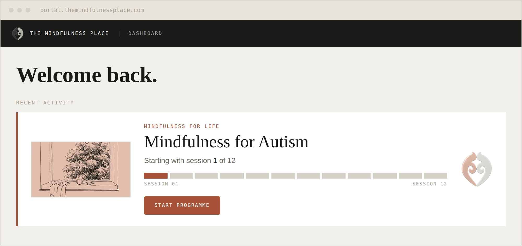 The member portal dashboard showing Mindfulness for Autism.