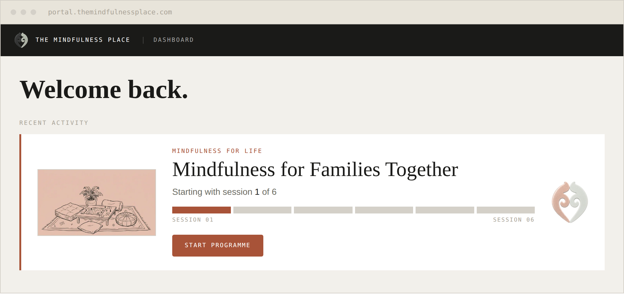 The member portal dashboard showing Mindfulness for Families Together.