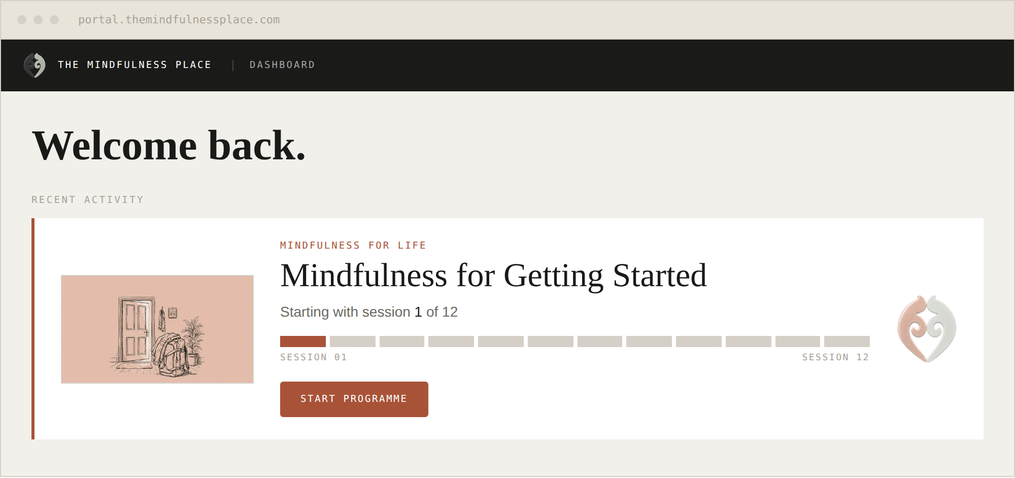 The member portal dashboard showing Mindfulness for Getting Started.