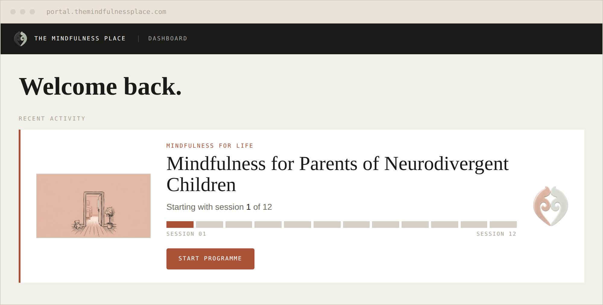 The member portal dashboard showing Mindfulness for Parents of Neurodivergent Children.