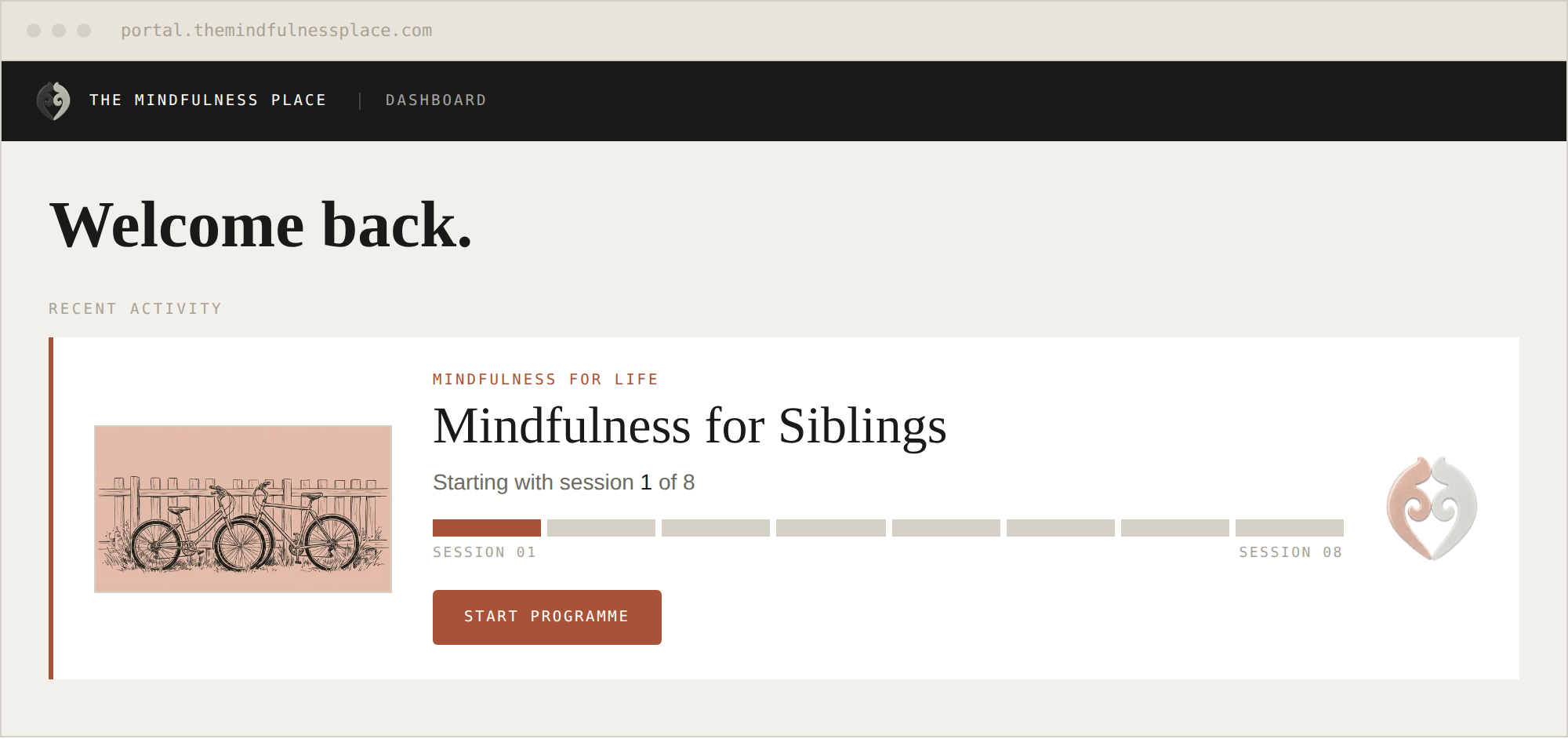 The member portal dashboard showing Mindfulness for Siblings.