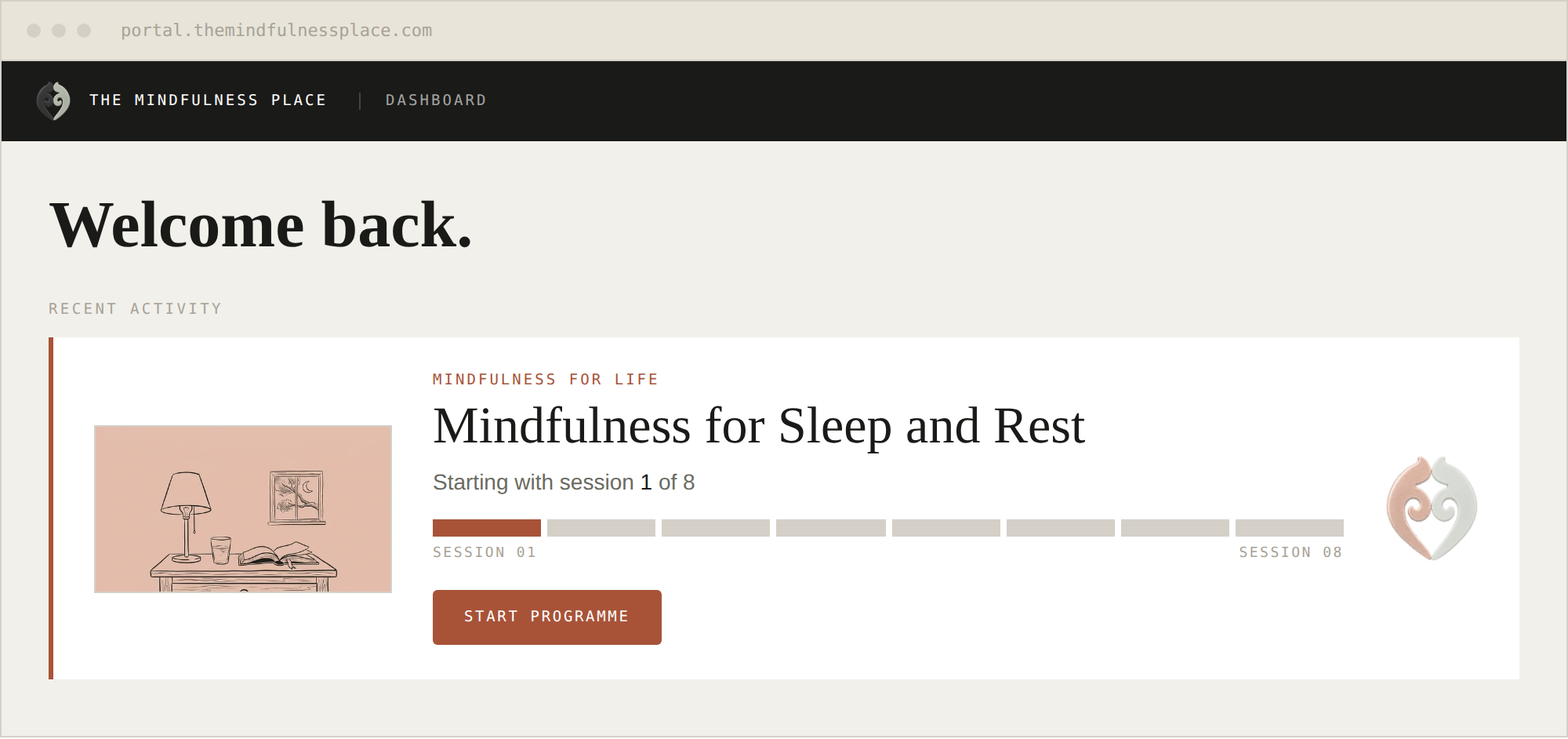 The member portal dashboard showing Mindfulness for Sleep and Rest.
