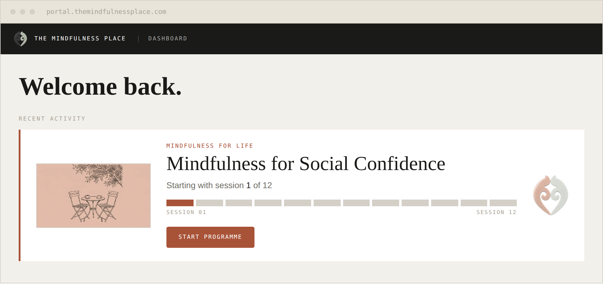 The member portal dashboard showing Mindfulness for Social Confidence.