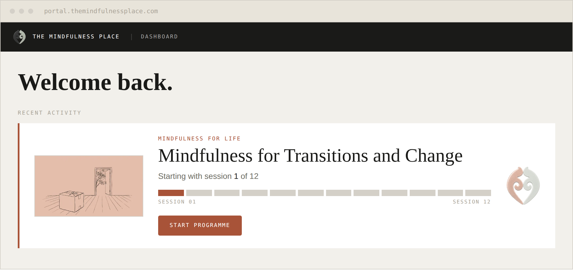 The member portal dashboard showing Mindfulness for Transitions and Change.